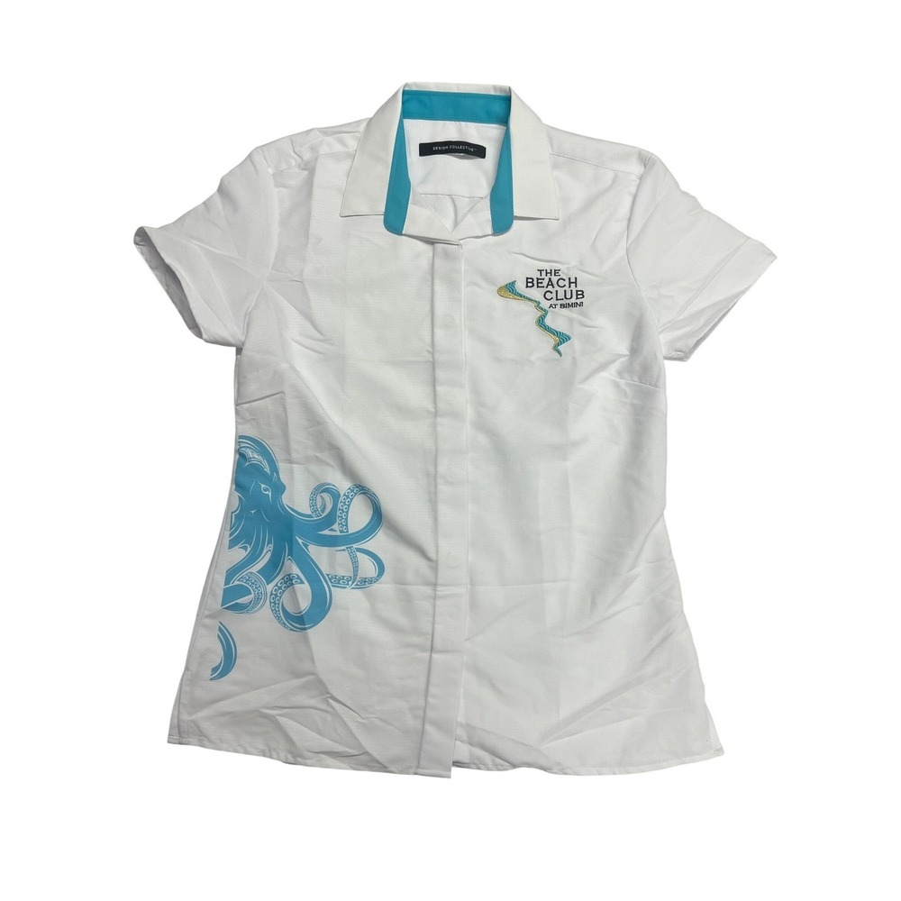 Womens‎ White The Beach Club At Bimini Octopus Uniform Polo Shirt Resort Costume